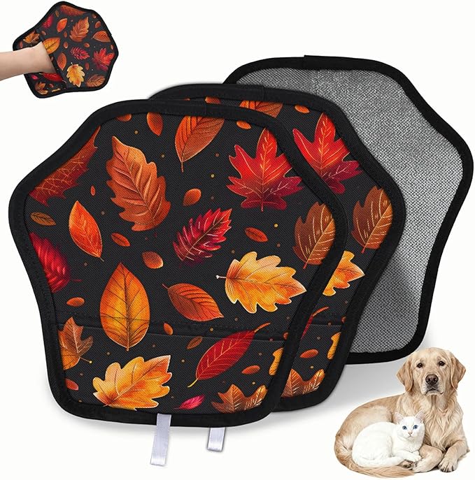 Fall Leaves Theme Electrostatic Pet Hair Removal Glove for Cats & Dogs - Reusable Grooming Mitt for Couch, Carpet, Car Seat & Laundry - Large 9x9 Inch