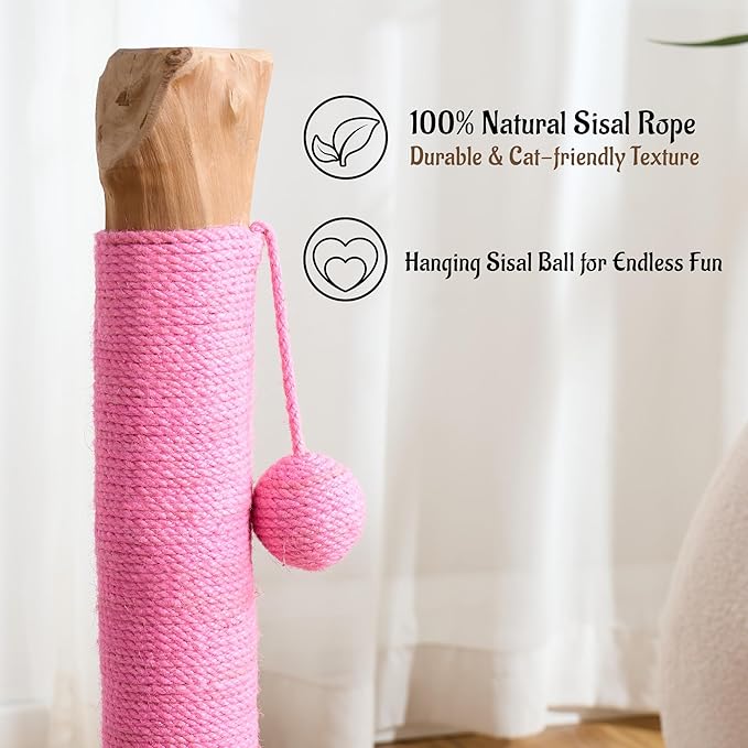 29" Tall Cat Scratching Post for Indoor Cats Adults, Extra-Stable & Natural Solid Wood Scratching Post Sisal Scratcher with Hanging Funny Ball, Pink