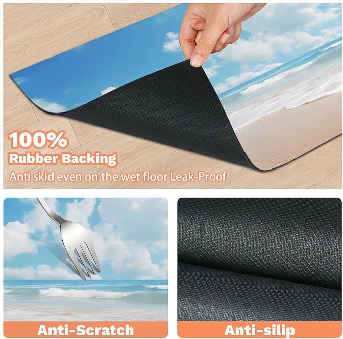Teal Beach Dog Food Mat for Floors Absorbent, Quick Dry Water Dispenser Mat for Food, Water, Pet Supplies 17" x 30", Ocean Beach