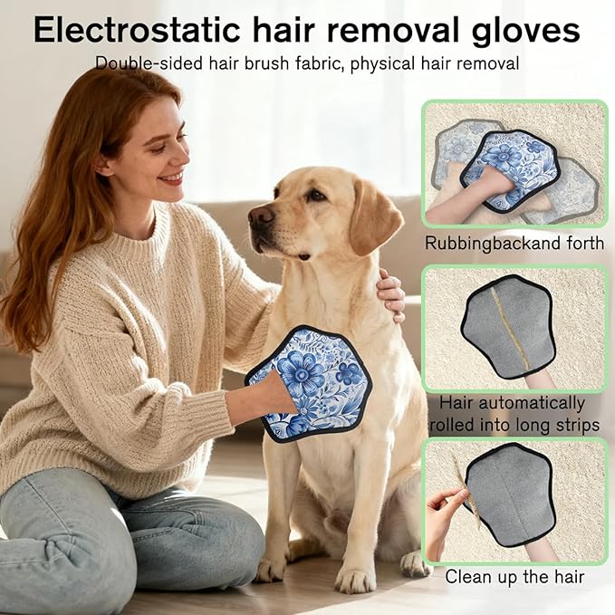 Reusable Pet Hair Removal Glove Blue Flowers Magic Brush for Cat & Dog Hair Remover for Car, Sofa, Bedding, Clothes - 9x9 Mitt Washable