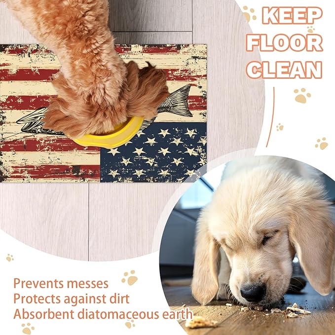 Vintage American Flag Dog Food Mat for Floors Absorbent Dog Bowl Mat for Food and Water Dispenser Quick Dry Cat Food Placemat Pet Supplies 17" x 30", Bass Fish