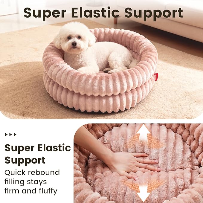 Cat Beds for Indoor Cats, Machine Washable Orthopedic Donut Dog Bed for Small Dogs, Fluffy Warm Thermal Round Pet Bed with Anti-Slip Bottom for Puppy and Kitten, Dark Pink, 20"x20"x6.5"