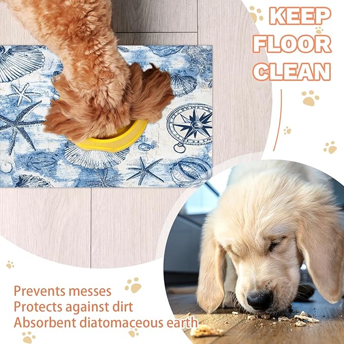 Nautical Coastal Dog Food Mat for Floors Absorbent Dog Bowl Mat for Food and Water Dispenser Quick Dry Cat Food Placemat Pet Supplies 17" x 30", Ocean Beach Seashells
