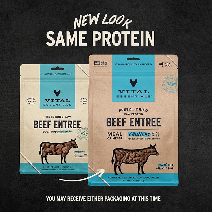 Vital Essentials Freeze Dried Dog Food, Raw Beef Crunchy Mini Nibs | Complete Meal or Topper | 96% Beef, Organs & Bone | Limited Ingredient, High Protein, Grain Free Dry Dog Food | 14 oz Bag