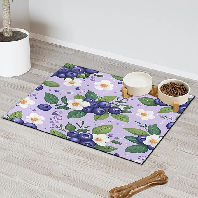 Watercolor Blueberry Dog Food Mat for Floors Absorbent Dog Bowl Mat for Food and Water Dispenser Quick Dry Cat Food Placemat Pet Supplies 17" x 30", Summer Floral