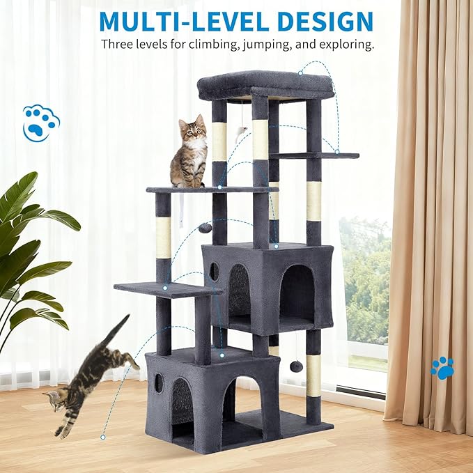 GarveeLife 61" Multi-Level Cat Tree for Indoor Cats, Heavy-Duty Tower for Large Adult & Maine Coon Cats with Oversized Perch, Dual Condos, Natural Sisal Scratching Posts & Play Toys – Dark Gray