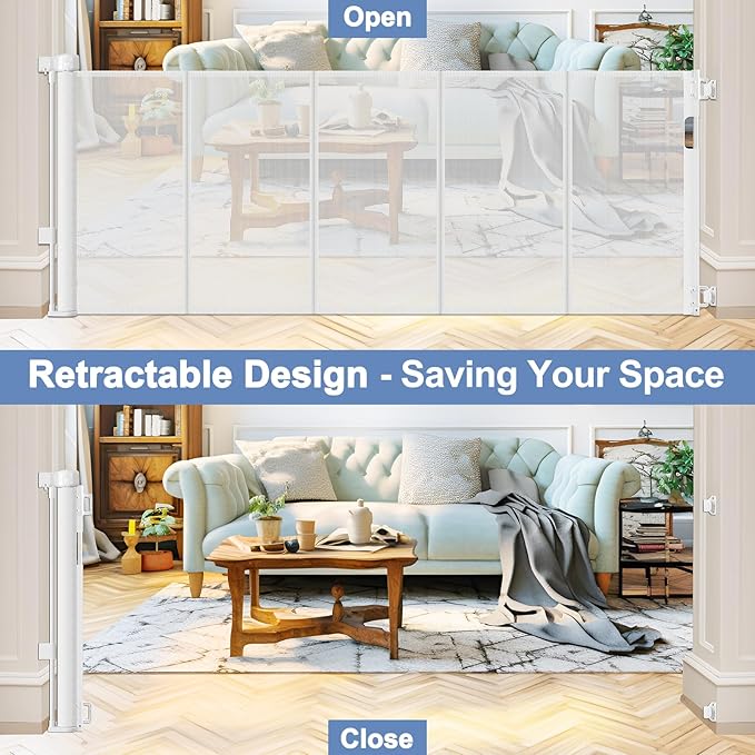 Reinforced Retractable Baby Gates with Support Rod 60" Wide Retractable Baby Gate for Stairs Retractable Dog Gate Outdoor Retractable Gate Outdoor Prevent Babies and Pets from Squeezing Under The Gate