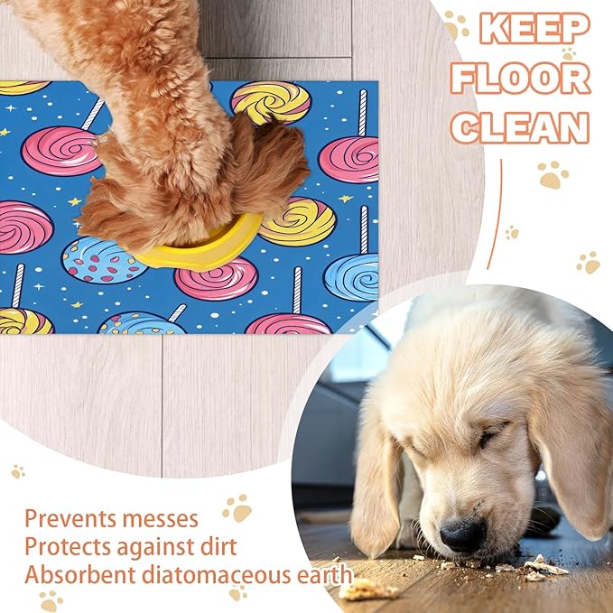 Candy Lollipop Dog Food Mat for Floors Absorbent Dog Bowl Mat for Food and Water Dispenser Quick Dry Cat Food Placemat Pet Supplies 12" x 20",