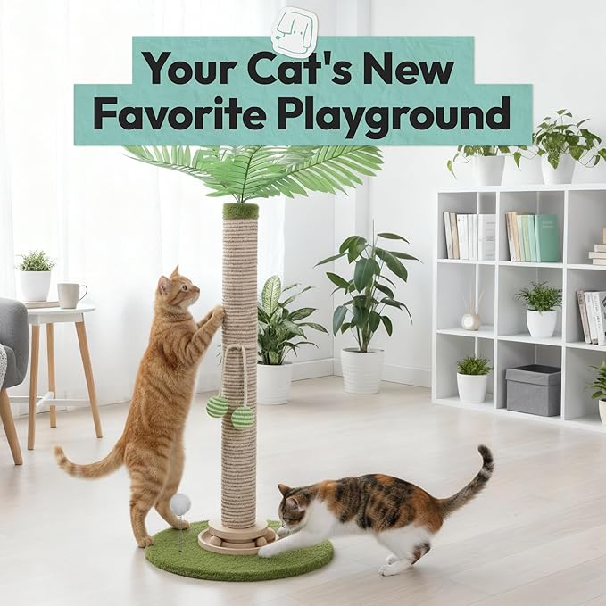 Cat Scratching Post 34 Inch with Rotating Turntable and Removable Hanging Ball, Cat Scratcher for Indoor Cats, Ultra Stable Base, Paw-FGreen Baseriendly Jute Material, Green Base