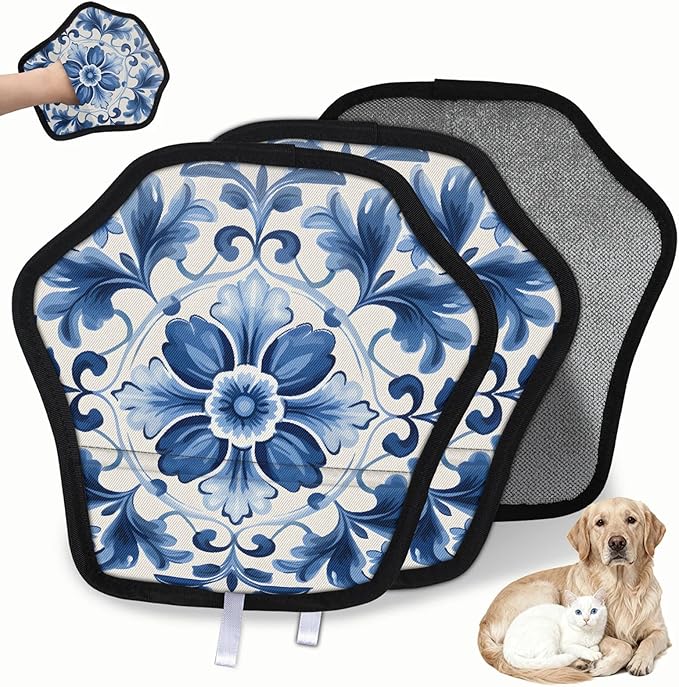 Vintage Flower Blue White Electrostatic Pet Hair Removal Glove for Cats & Dogs - Reusable Grooming Mitt for Couch, Carpet, Car Seat & Laundry - Large 9x9 Inch