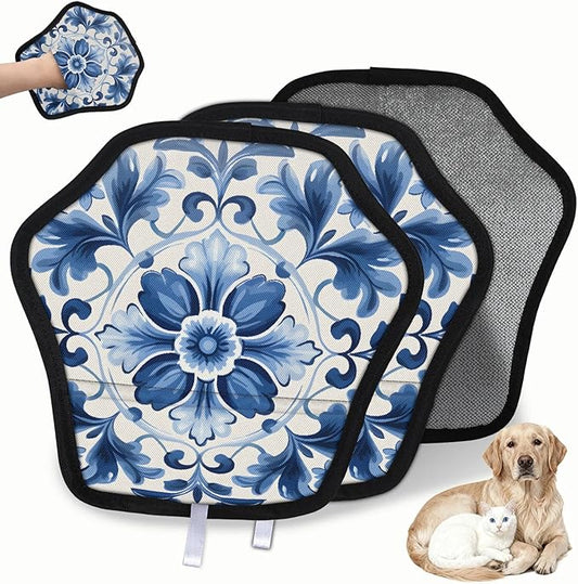 Vintage Flower Blue White Electrostatic Pet Hair Removal Glove for Cats & Dogs - Reusable Grooming Mitt for Couch, Carpet, Car Seat & Laundry - Large 9x9 Inch