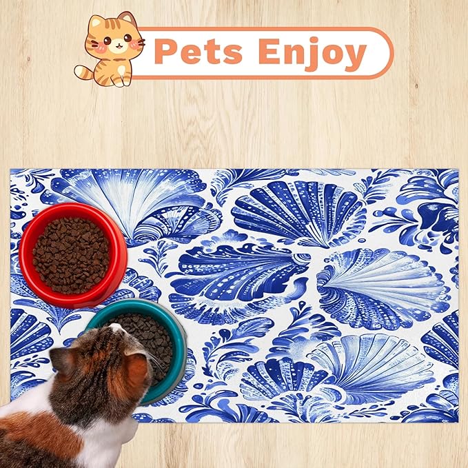 Tie Dye Dog Food Mat for Floors Absorbent Dog Bowl Mat for Food and Water Dispenser Quick Dry Cat Food Placemat Pet Supplies 17" x 30", Seashell Coastal