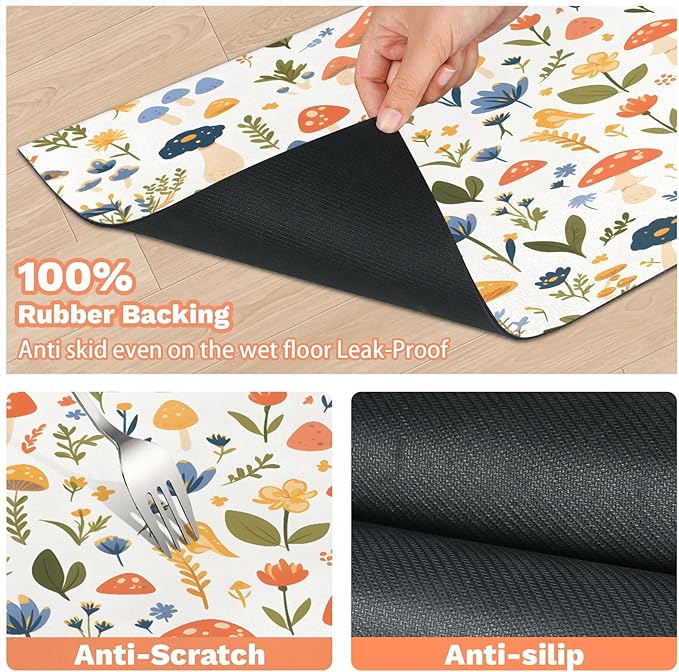 Boho Floral Mushroom Dog Food Mat for Floors Absorbent Dog Bowl Mat for Food and Water Dispenser Quick Dry Cat Food Placemat Pet Supplies 17" x 30",