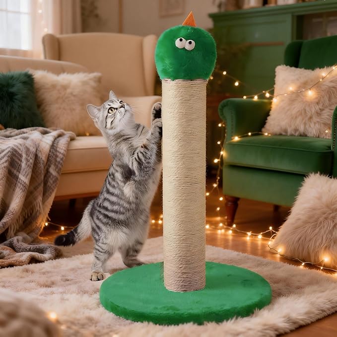 22'' Cat Scratching Post, Cat Scratchers Tree Tower for Indoor Kitty with Extra Wide 13.4" Stable Base, Scratching Post with Natural Sisal & Velvet Fabric for Small, Medium Cat, Green
