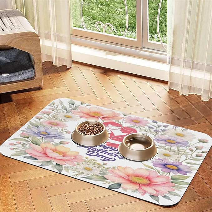 Pet Cat Dog Food Mat Absorbent Dog Feeding Mat Happy Mother's Day Floral Gift Mom Gx No Stains Cat Food Mats Indoor Pet Accessories Supplies Dogs Placemat Water Bowl Mats with Rubber Backing 24x16In