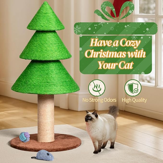 31.5in Christmas Tree Cat Scratcher, Cat Scratching Post for Indoor Cats, Large Sisal Cat Scratching Tree Cat Scratch Tower, Grass Green