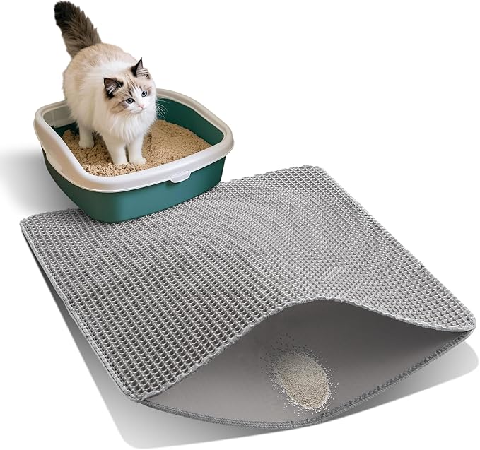 Cat Litter Mat for Indoor Cats Eva Double-Layer Litter Box Mat Washable for Easy Cleaning Cat Rug Collects Litter and Prevents Liquid Leakage (Gray, 23.6×15.7inch)