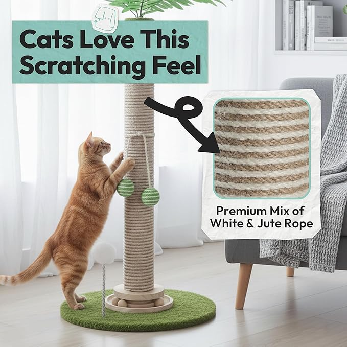 Cat Scratching Post 34 Inch with Rotating Turntable and Removable Hanging Ball, Cat Scratcher for Indoor Cats, Ultra Stable Base, Paw-FGreen Baseriendly Jute Material, Green Base