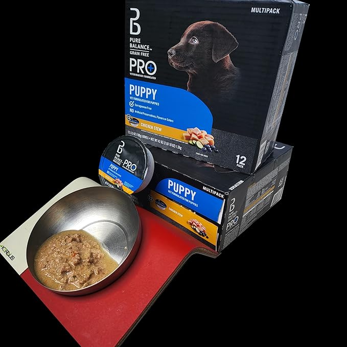 Puppy Wet Food Kit. Pure Balance Pro+ Chicken Stew Wet Dog Food for Puppies, Grain Free, 3.5 oz Cups (24 Pack) NANDOG Plush Toy