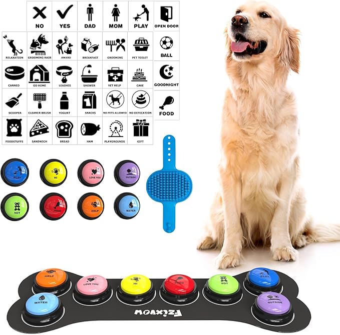 Dog Buttons Talk,Updated 8 Pack Dog Communication Buttons,Recordable Talking Training Buttons for Dogs,30 Seconds Voice Dog Speaking Buttons with Dog Bath Brush Set