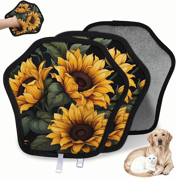 Reusable Pet Hair Removal Glove Beautiful Sunflower Theme Magic Brush for Cat & Dog Hair Remover for Car, Sofa, Bedding, Clothes - 9x9 Mitt Washable