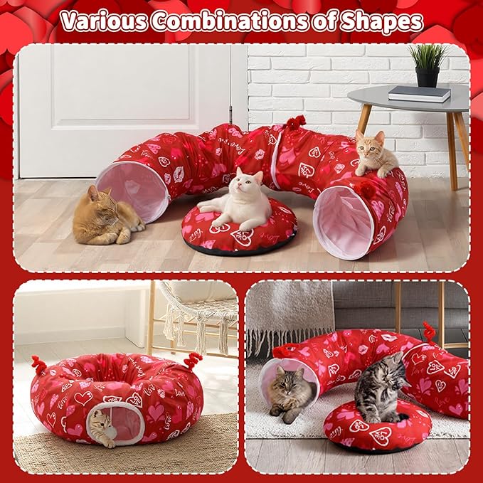 Valentines Day Cat Beds for Indoor Cute Red Love Heart Valentine Cat House Donut Tunnel Toys with Washable Circle Cushion, Round Pet Peekaboo Cave Toy for Kitten/Puppy/Rabbit