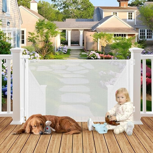 100" Wide Weatherproof Outdoor Retractable Gate for Dogs with No Rust Screws and Rods, Waterproof 8 Ft Extra Long Baby Gates for Large Openings, Scratch-Resistant Mesh Retractable Baby Gates, White