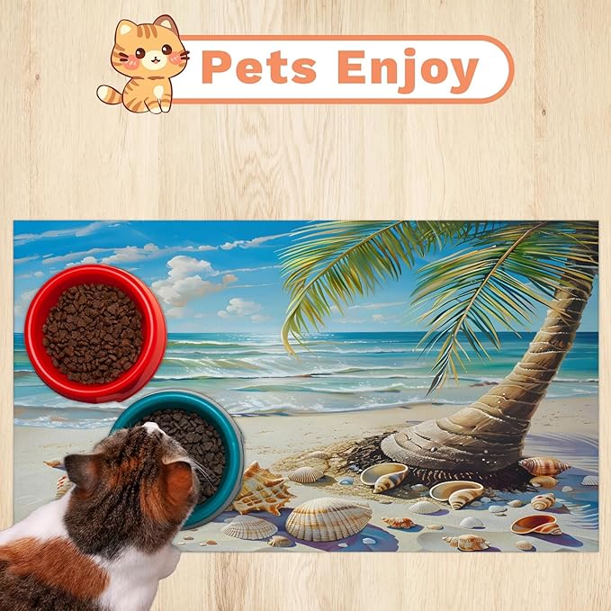 Seashell Dog Food Mat for Floors Absorbent, Quick Dry Water Dispenser Mat for Food, Water, Pet Supplies 17" x 30", Palm Tree