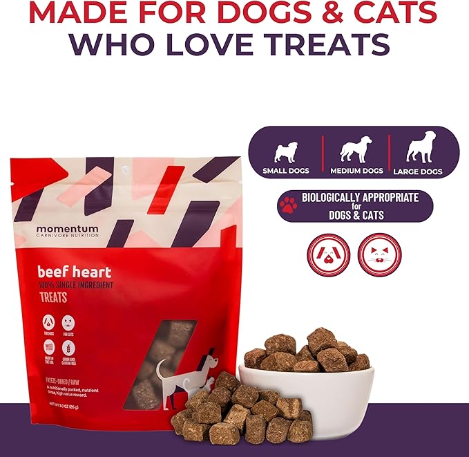 Momentum Carnivore Nutrition Freeze-Dried Beef Heart Dog Treats & Cat Treats – Single-Ingredient, High-Protein, Grain-Free – Made in USA – 3 oz Bag