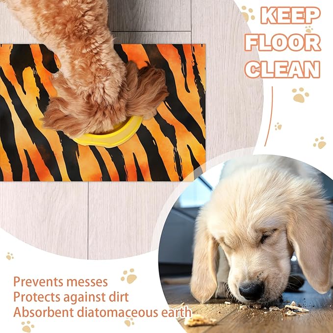 Tiger Print Dog Food Mat for Floors Absorbent Dog Bowl Mat for Food and Water Dispenser Quick Dry Cat Food Placemat Pet Supplies 24" x 32", Orange Leopard