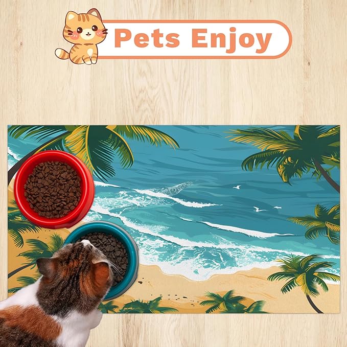 Blue Beach Dog Food Mat for Floors Absorbent, Quick Dry Water Dispenser Mat for Food, Water, Pet Supplies 16" x 24", Tropical Palm Tree