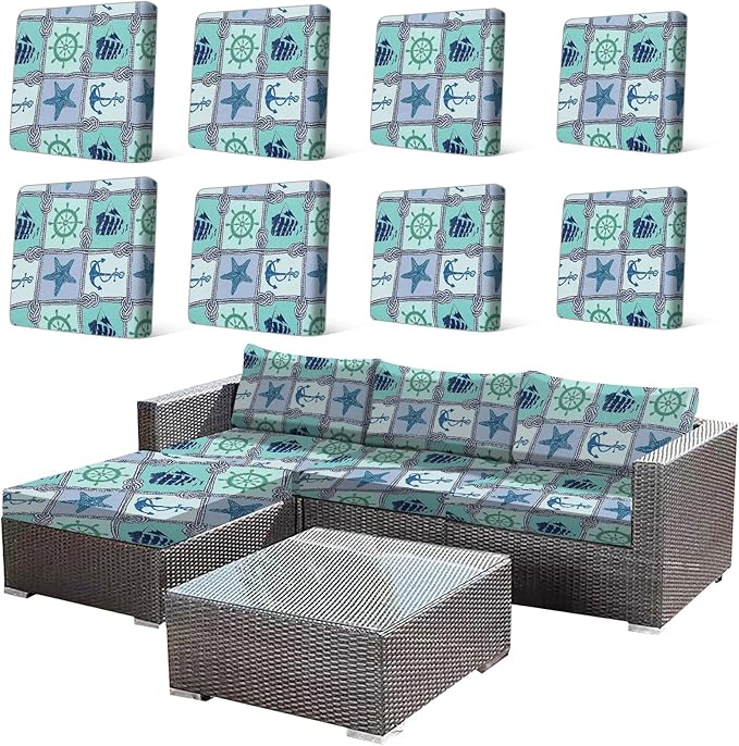 HANDONTIME 8Pcs Outdoor Patio Cushion Covers Anchor Starfish Stretch Couch Cushion Cover Patio Couch Slipcover for Outdoor/Indoor Washable Non-Slip Furniture Protector for Pets (Oceans,Cover Only)