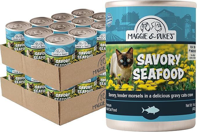 CountryMax Maggie and Duke’s Canned Cat Food – 14 oz – High-Protein, Grain-Free Wet Food for Adult Cats & Kittens (Case of 24 Cans, Savory Seafood)