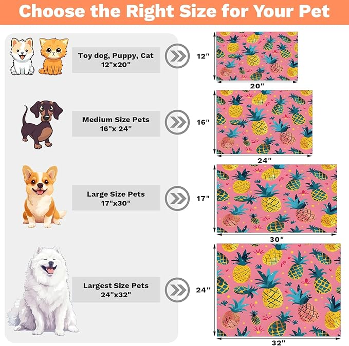 Pineapple Dog Food Mat for Floors Absorbent Dog Bowl Mat for Food and Water Dispenser Quick Dry Cat Food Placemat Pet Supplies 17" x 30", Cute Fruit Colorful