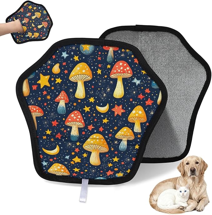 Reusable Pet Hair Removal Glove Mushrooms Moon Stars Magic Brush for Cat & Dog Hair Remover for Car, Sofa, Bedding, Clothes - 9x9 Mitt Washable