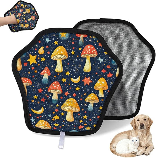Reusable Pet Hair Removal Glove Mushrooms Moon Stars Magic Brush for Cat & Dog Hair Remover for Car, Sofa, Bedding, Clothes - 9x9 Mitt Washable