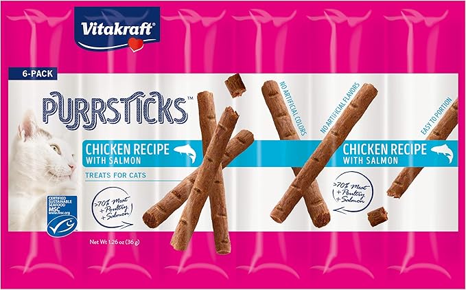 Vitakraft PurrSticks Meaty Cat Sticks - Chicken with Salmon - Segmented and Breakable Meatstick - Deliciously Tender - 6 Count (Pack of 1)
