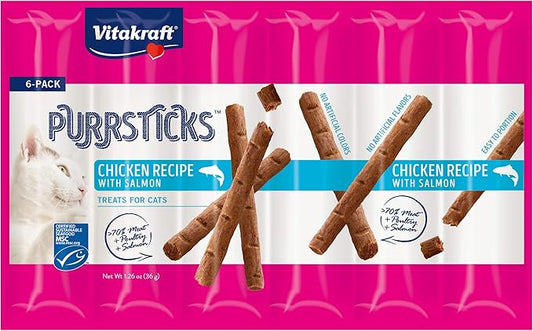 Vitakraft PurrSticks Meaty Cat Sticks - Chicken with Salmon - Segmented and Breakable Meatstick - Deliciously Tender - 6 Count (Pack of 1)