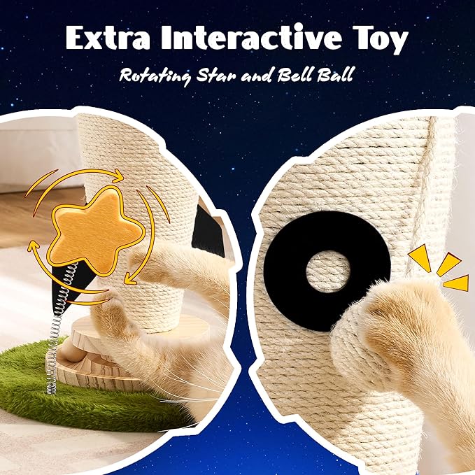 Cat Scratching Post, Rocket Cute Sisal Cat Scratcher with Durable Solid Wood Turntable Toy, Cat Scratch Post Red Cat Scratcher with Spinning Star Toy for Indoor Adult Cats