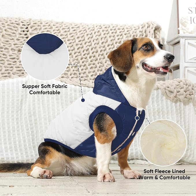 Fleece Lining Extra Warm Dog Hoodie in Winter for Large Dogs Jacket Pet Coats with Hooded,Beige and Blue XL