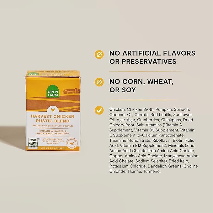 Open Farm Rustic Blend Wet Cat Food, Complete & Balanced Medley with Human-Grade Ingredients, Humanely-Raised Meat, Non-GMO Veggies & Bone Broth, Harvest Chicken Recipe, 5.5oz Packs (Case of 12)