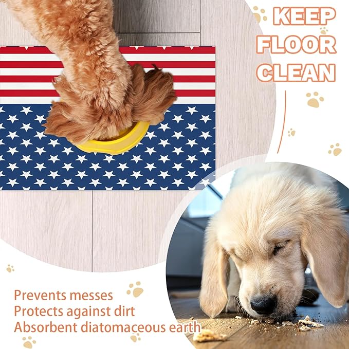 4th of July Dog Food Mat for Floors Absorbent Dog Bowl Mat for Food and Water Dispenser Quick Dry Cat Food Placemat Pet Supplies 12" x 20", Stars Stripes