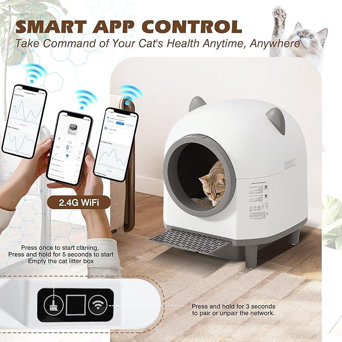 Grepatio Automatic Cat Litter Box for Multiple Cat, Self Cleaning Cat Litter Box with APP Control, Safe Anti-Pinch, Weight Monitoring, Smart Litter Box Include Scent Cartridge, 2-Roll Garbage Bags