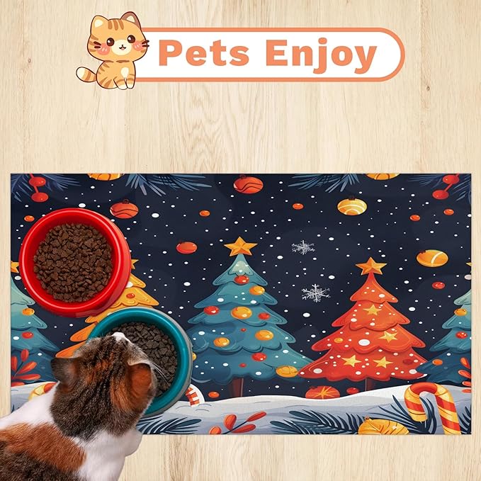 Merry Christmas Dog Food Mat for Floors Absorbent, Quick Dry Water Dispenser Mat for Food, Water, Pet Supplies 16" x 24", Snowy Xmas Tree
