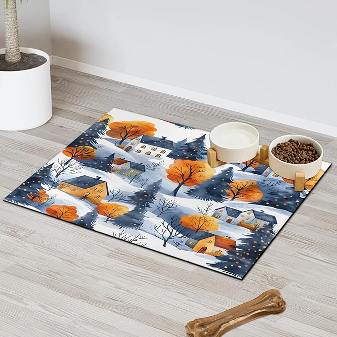 Village Hills Dog Food Mat for Floors Absorbent, Quick Dry Water Dispenser Mat for Food, Water, Pet Supplies 16" x 24", Winter Tree