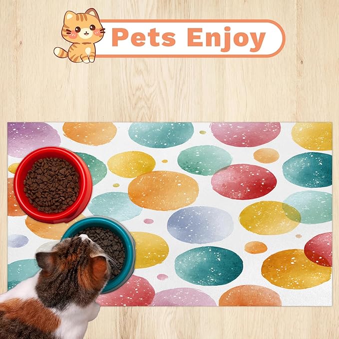 Polka Dot Dog Food Mat for Floors Absorbent Dog Bowl Mat for Food and Water Dispenser Quick Dry Cat Food Placemat Pet Supplies 16" x 24", Rainbow