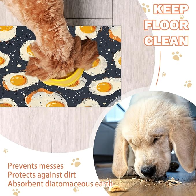 Cartoon Eggs Dog Food Mat for Floors Absorbent Dog Bowl Mat for Food and Water Dispenser Quick Dry Cat Food Placemat Pet Supplies 24" x 32", Fried Egg