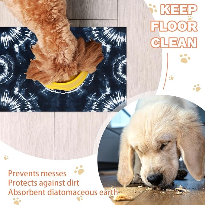 Black Tie Dye Dog Food Mat for Floors Absorbent, Quick Dry Water Dispenser Mat for Food, Water, Pet Supplies 17" x 30", Boho Tie Dye