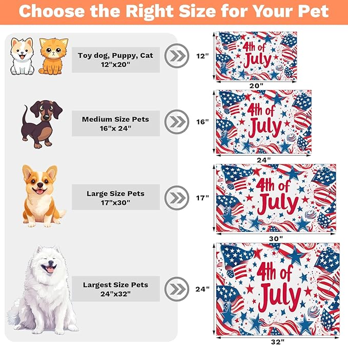 4th of July Dog Food Mat for Floors Absorbent Dog Bowl Mat for Food and Water Dispenser Quick Dry Cat Food Placemat Pet Supplies 24" x 32", American Flag Stars