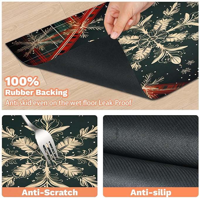 Christmas Check Dog Food Mat for Floors Absorbent, Quick Dry Water Dispenser Mat for Food, Water, Pet Supplies 12" x 20", Xmas Snowflake